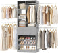 Besiost Closet System, 4.2–8.8 FT Closet Organizer with 2 Wooden Drawers and Shelves, Walk-in Closet System with 5 Hang Rods, Built-in Closet Tower, Can Fit 60 to 96 inch, Morandi Grey