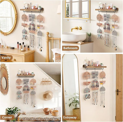Keebofly Wall Mounted Jewelry Organizer, Boho Hanging Earring Holder with Wood Shelf & Necklace Hooks, Acrylic Pegboard Earring Display Rack for 100+ Pairs Studs, Hoops & Dangles, Decorative Storage