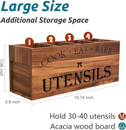 Suli Extra Large Kitchen Utensils Holder with 4 Compartments (Acacia Brown)