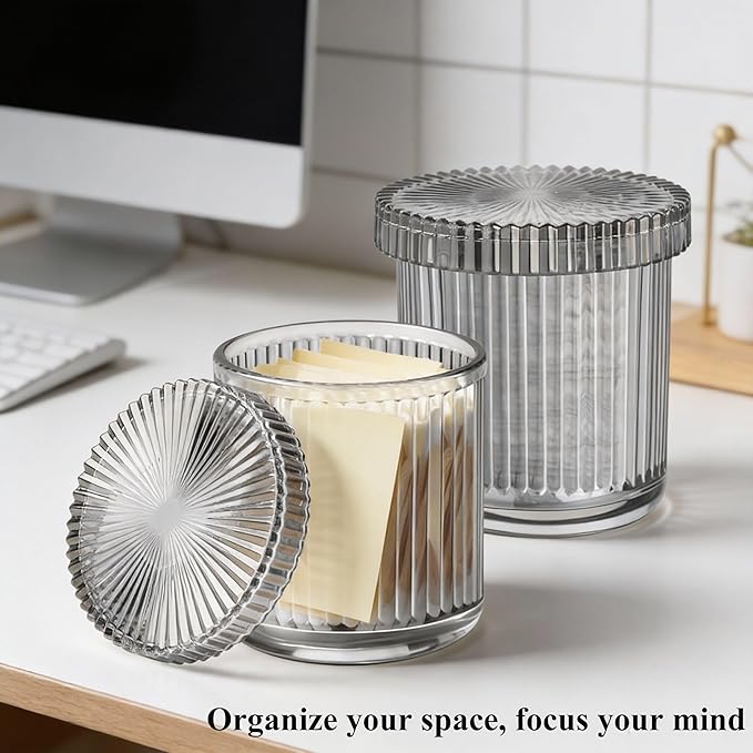 2 Pack Glass Qtip Holder Dispenser Set - Bathroom Organizer for Cotton Swabs, Balls, Pads, Floss Picks - Clear Apothecary Jars for Vanity, Makeup Storage, Bathroom Accessories Decor (Gray&Black)
