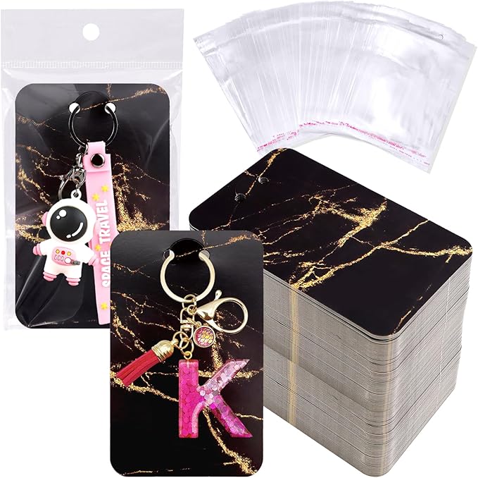 ZYNERY 100 PCS Display Cards With Self-Sealing Bags, 3 x 4.7 Inch Stand Card, Packaging Supplies for Displaying Keychains and Jewelry (Marble Black)