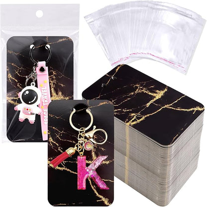 ZYNERY 100 PCS Display Cards With Self-Sealing Bags, 3 x 4.7 Inch Stand Card, Packaging Supplies for Displaying Keychains and Jewelry (Marble Black)