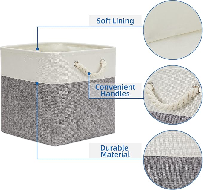 Temary Fabric Baskets 12 Inch Storage Cubes Basket with Handle, Clothes Baskets for Gift, Large Bins for Organizing Books, Blankets (White&Gray)