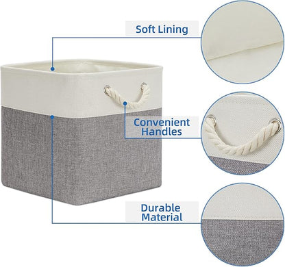 Temary Fabric Baskets 12 Inch Storage Cubes Basket with Handle, Clothes Baskets for Gift, Large Bins for Organizing Books, Blankets (White&Gray)