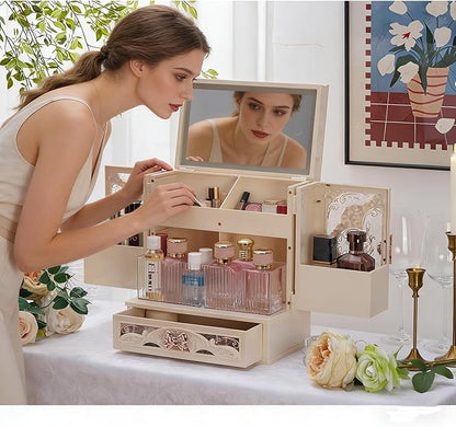 Vintage LED Makeup Organizer with Mirror, Large Cosmetic Storage Box with Drawers & Side Compartments, Dustproof Skincare Organizer for Vanity, Elegant Gift for Women (White)