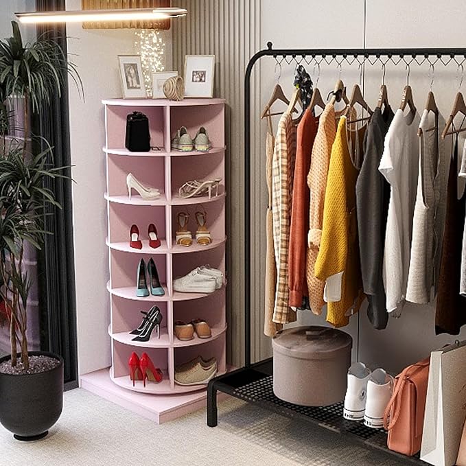 Rotating Shoe Rack Tower, 360-Degree Circular Storage Organizer for Shoes and Handbags, Vertical Space-Saving Cabinet for Entrance Hall, Independent Rotating Shoe Shelf (A-Pink