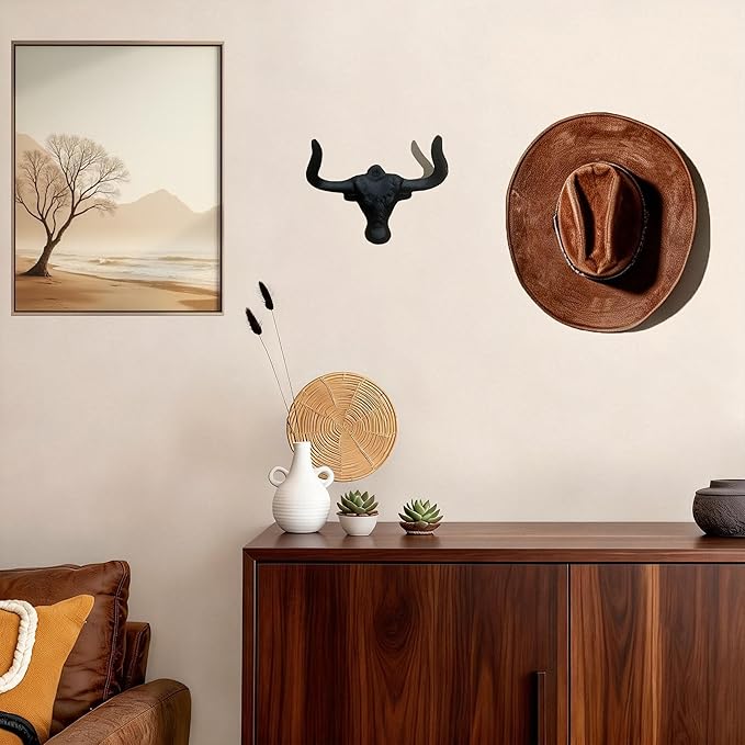 Cowboy Hat Holder for Wall, 2 Pack Cowboy Hat Rack Cast Iron Hat Holder Cowgirl Hat Hooks Vintage Western Wall Decor for Bathroom Entryway Closet Cow Bull Animal Farmhouse Gift Antique Rust (2)