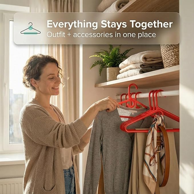 DEILSY™ Red Heavy Duty Hangers with Hooks for Scarves & Belts – Thick and Strong Clothes Hangers for Shirts, Jackets, Pants, and Dresses – Space-Saving Plastic Hangers – Pack of 50