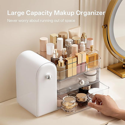 HBlife Makeup Organizer Countertop with Drawers, Vanity Organizers with Brush Holder, Bathroom Counter Organizer for Perfume, Nail Polishes, Lipsticks, Skincare and Eyeshadow Palettes, White Sliver