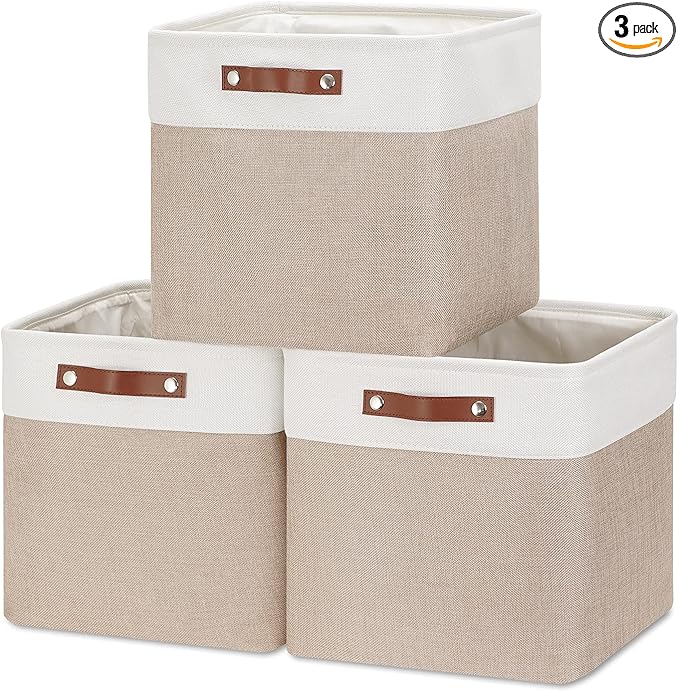 HNZIGE Cube Storage Baskets for Shelves Foldable Storage Baskets(3 Pack) Cube Storage Bin,13 Inch Storage Basket for Organizing with Leather Handles for Toys, Clothes, Kids , Closet (White&Beige)