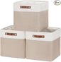 HNZIGE Cube Storage Baskets for Shelves Foldable Storage Baskets(3 Pack) Cube Storage Bin,13 Inch Storage Basket for Organizing with Leather Handles for Toys, Clothes, Kids , Closet (White&Beige)