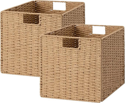 StorageWorks 13 inch Wicker Storage Baskets, Foldable Handwoven Wicker Basket for Organizing, Natural Paper Rope Square Storage Cubes, 2 Pack