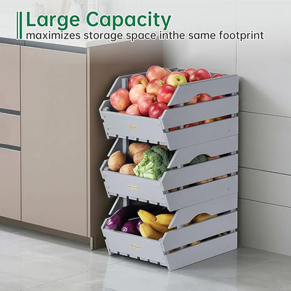 Wood Potato Onion Storage Bins - Wooden Stackable Produce Basket - Fruit Vegetable Storage for Kitchen Pantry Organization, Set 3 Pieces