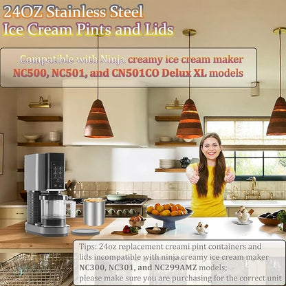 Stainless Steel Pint Containers & Lids Compatible with Ninja Creami ice Cream Maker NC500, NC501, CN501CO Delux Series– 6 Pack, 24 oz, Silicone Lids, BPA-Free, Dishwasher Safe