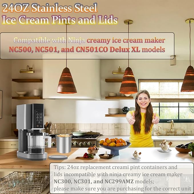 Stainless Steel Pint Containers & Lids Compatible with Ninja Creami ice Cream Maker NC500, NC501, CN501CO Delux Series– 1 Pack, 24 oz, Silicone Lids, BPA-Free, Dishwasher Safe, 5 Years Warranty