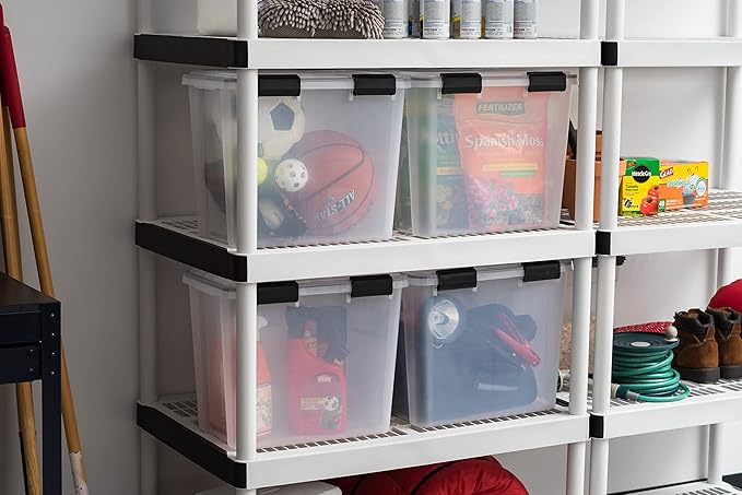 IRIS USA WeatherPro 32 Qt Storage Bins with Lids, 4 Pack, BPA-Free Plastic Gasket Box with Tight Latch and Seal, Stackable Nestable Tote Tub - Clear/Black