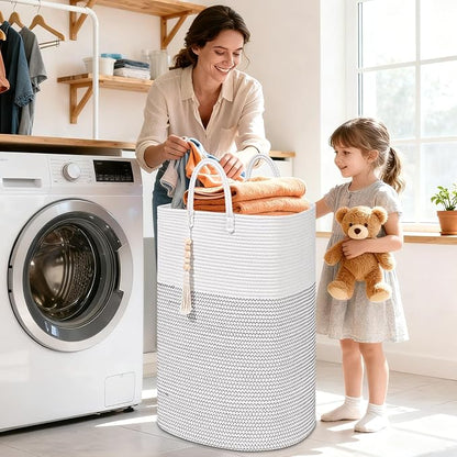 Woven Laundry Basket for Clothes, 80L Large Rectangle Laundry Hampers with Beads Tassel, Nursery Storage Basket for Toys, Tall Dirty Clothes Hamper for Bedroom Aesthetic, Laundry Room Organization
