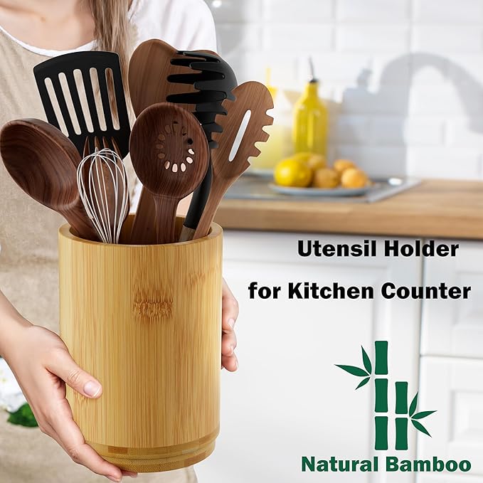 Utensil Holder, Bamboo Kitchen Utensil Holder for Countertop, 360°Rotating Cooking Utensil Crock for Kitchen Counter, 7.2" Large Utensil Organizer for Spatula