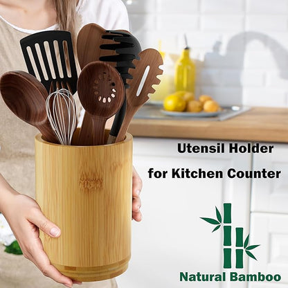 Utensil Holder, Bamboo Kitchen Utensil Holder for Countertop, 360°Rotating Cooking Utensil Crock for Kitchen Counter, 7.2" Large Utensil Organizer for Spatula