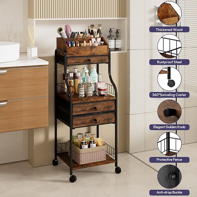 SWTYMIKI Rolling Makeup Organizer Cart - Floor Skincare Storage with Non-woven Drawers, Vanity Organizer Cosmetic Display Cases with Wheels, Cabinet for Skin Care Perfume Nail Polish Brush Hair Tool