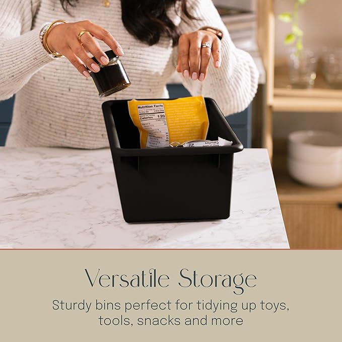 Cubby Storage Bins with Lids, 10-Pack Stackable Plastic Organizer Containers for Pantry, Office, Garage - Nestable with Handles, Black