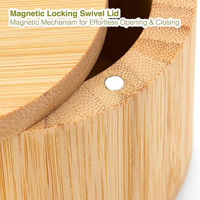 Bamboo Salt Cellar with Lid & Spoon – 6oz Magnetic Swivel Top Spice Container – Airtight Kitchen Storage for Salt, Spices – Stylish Bamboo Design with Easy Seal Magnetic Lid