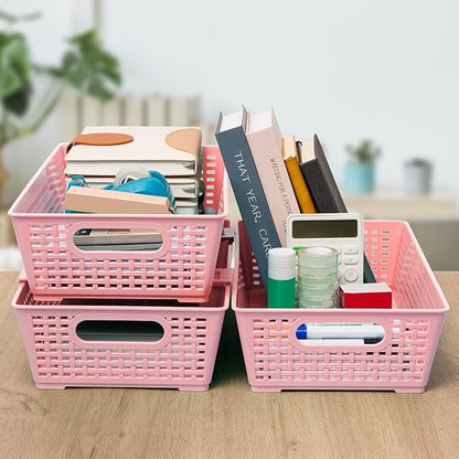 Tiawudi Stackable Woven Plastic Basket, Storage Bins for Cabinet, Closet, Shelf, Under Sink and Countertop, Pantry Organizer Bins, 6 Pack