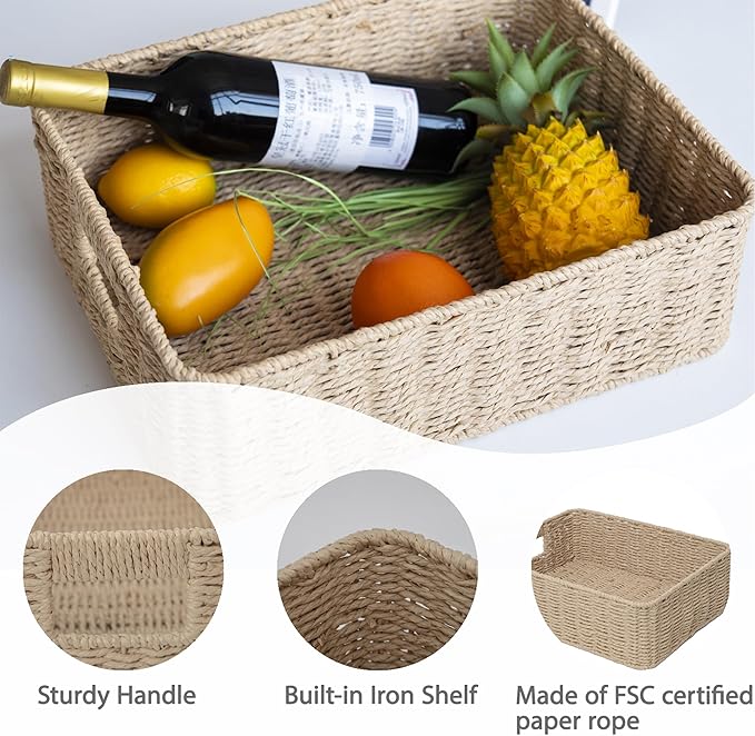 Drawer basket Handwoven Paper Rope Rectangular Shallow Basket Storage-15.35X12.01X4.72 Inches (Brown)