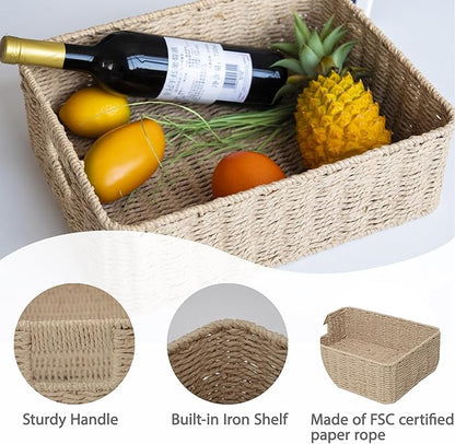 Drawer basket Handwoven Paper Rope Rectangular Shallow Basket Storage-15.35X12.01X4.72 Inches (Brown)