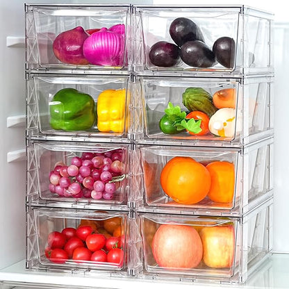 8Pack Clear Stackable Kitchen Storage Organizer,Pantry Organizers and Storage,Foods Organizer Bins with Handles, Easily Assemble for Bathroom, Kitchen, Refrigerator, Pantry, Cabinet, Closet