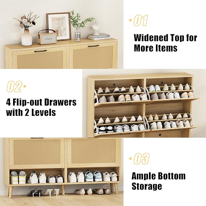 Gadroad Shoe Storage Cabinet with 4 Flip Drawers, Freestanding Shoe Organizer with Wood Legs, Farmhouse Rattan Shoe Rack for Entryway, Living Room, and Bedroom, Natural