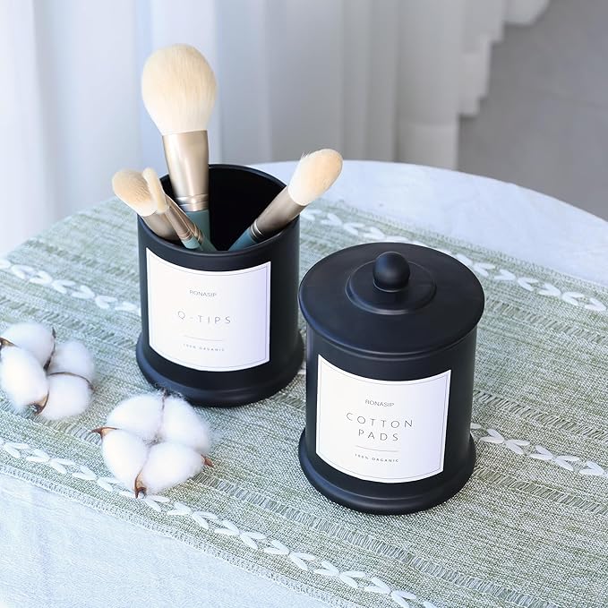Ronasip Qtip Holder & Cotton Pad Dispenser, Bathroom Organizer and Storage Canisters, 16oz Glass Apothecary Jars for Kitchen, Restroom - Home Decor Accessories, Room Decor Aesthetic (2 Pack, Black)