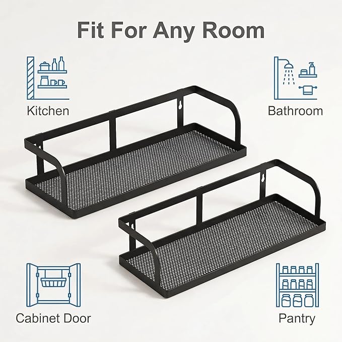 PUSDON 2-Pack 16.5" Extra Long Slim Hollowout Shower Caddy, Wall Mount Spice Rack & Bathroom Organizer, Mesh Bottom Cabinet Door Shelf Holds 50LBS - Matte Black, Hollowout