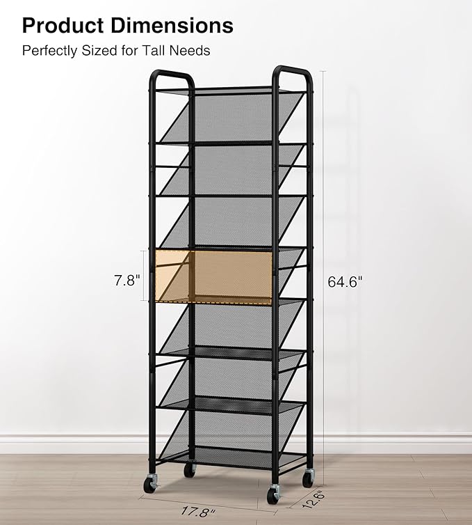 STO STO 8-Tier Narrow Shoe Rack with Lockable Wheels, Double-Sided Vinyl Mesh Shelf Shoe Organizer for Up to 30 Pairs, Slim Space Saving Metal Rolling Shoe Storage for Entryway, Closet, Hallway