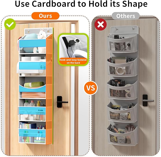 Over the Door Organizer - Behind the Door Storage with Rope for Toilet Paper Storage - Door Organizer Hanging with 5 Spacious Pockets & 14 Mesh Pockets (5 Tier-Grey)