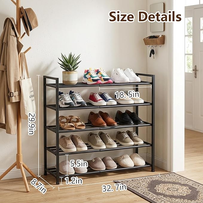jessie 5-Tier Expandable Shoe Rack, Heavy Duty Metal Freestanding Shoe Shelf Storage Organizer for Entryway Closet Doorway (5 Layer)