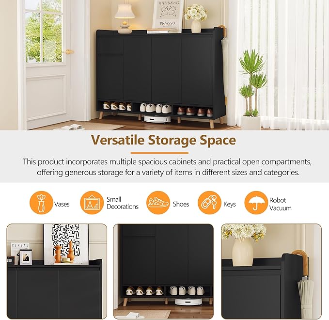 JIVOIT Shoe Cabinet with Adjustable Shelves, Drawer, Sleek and Contemporary Shoe Rack with Solid Wood Legs, Minimalist Home Organizer Storage Sideboard for Entryway, Living Room (Black,167)