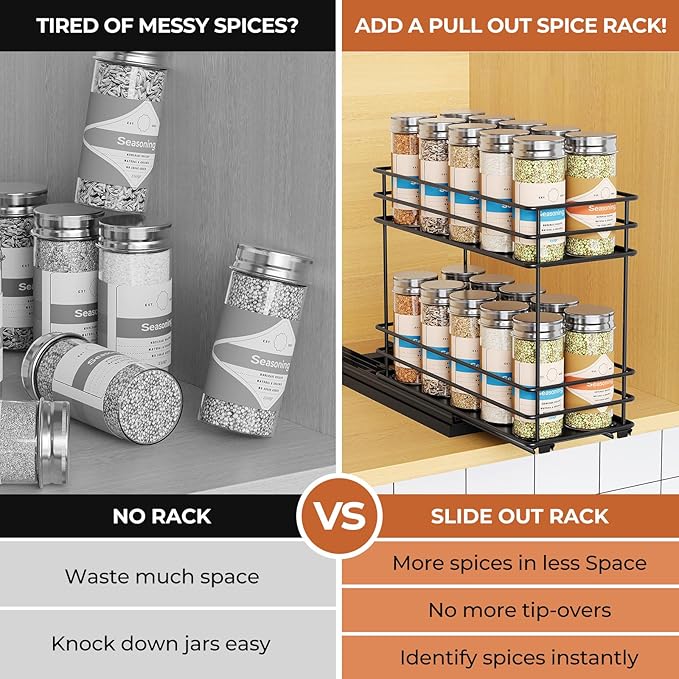 Mystozer Pull Out Spice Rack Organizer for Cabinet, Slide Out Spice Racks, Easy to Install, 4.33" Wx10.43 Dx8.66 H, 1 Drawer 2 Tiers(Black)