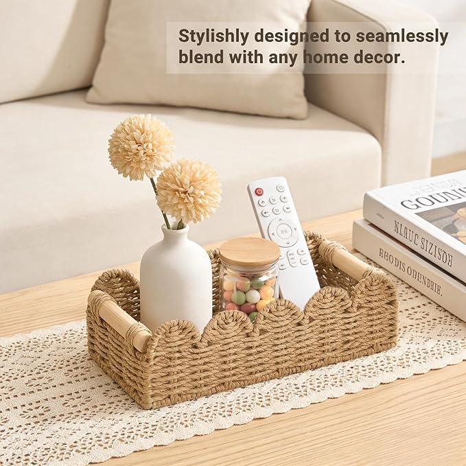 Dahey 2 Pcs Toilet Paper Storage Basket for Bathroom Woven Paper Rope Scalloped Edge Toilet Tank Basket with Handles for Organizing Over Toilet Storage Shelf Countertop Living Room Bedroom Home Decor