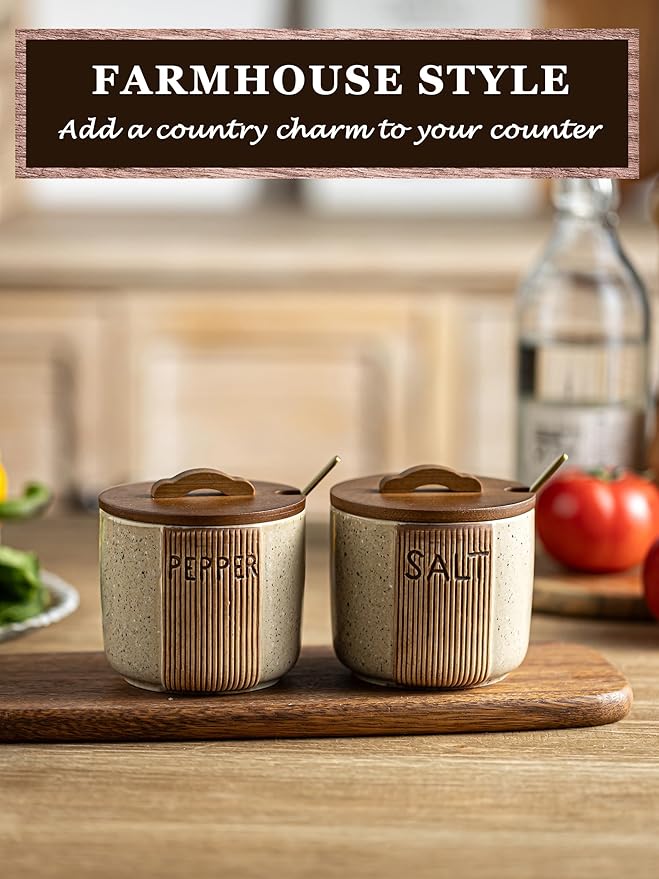 Ceramic Salt and Pepper Bowl, Salt Cellar with Lid and Spoons Salt Containers for Countertop Pepper Holder Box, Beige