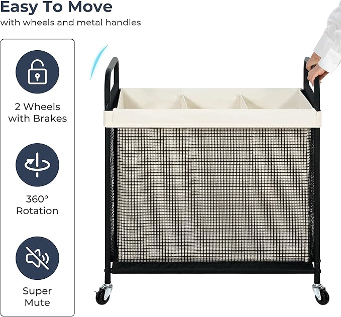 STO STO Laundry Hamper 3 Section, 120L Rolling Laundry Sorter Cart with Removable and Washable Liner Bag, Clothes Hamper with Wheels and Metal Handle for Laundry Room and Bedroom