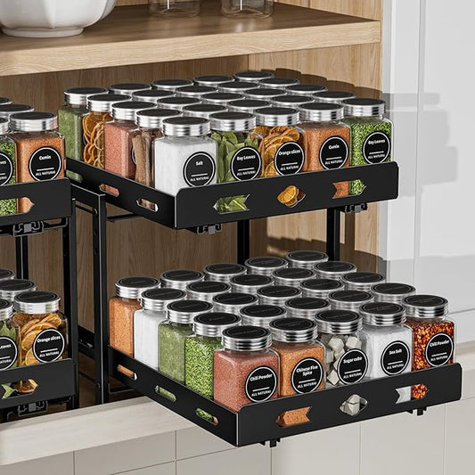 BOIVSHI Pull Out Spice Rack Organizer for Cabinet, 2 Tier Cabinet Spice Rack Organizer, Height Adjustable Vertical Spice Rack for Kitchen Cabinet (11.9''Wx10.8''Dx9.2''H, Metal Black)