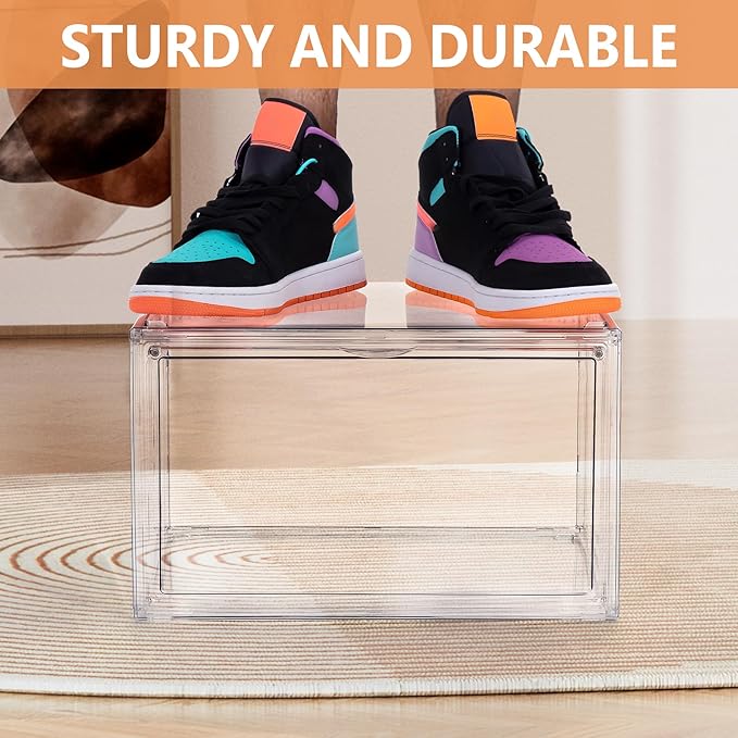 BVBOX Acrylic Shoe Storage Boxes with Magnetic Door - 360° Clear Stackable Shoe Display Box Set, Plastic Shoe Cabinet Rack Box for Sneakers Heels Shoes (1, Clear, XL - Side Open)
