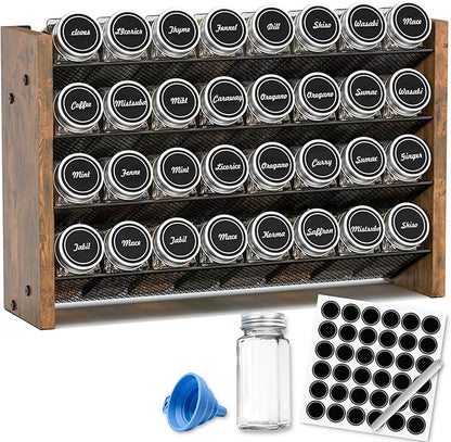 NESAPTO Spice Rack Organizer with 32 Glass Spice Jars, Wood 4-Tier Seasoning Organizer with Labels for Cabinet, Pantry, Countertop or Wall Mount, Chalk Marker and Funnel Set, 15.7" W × 9.4" H