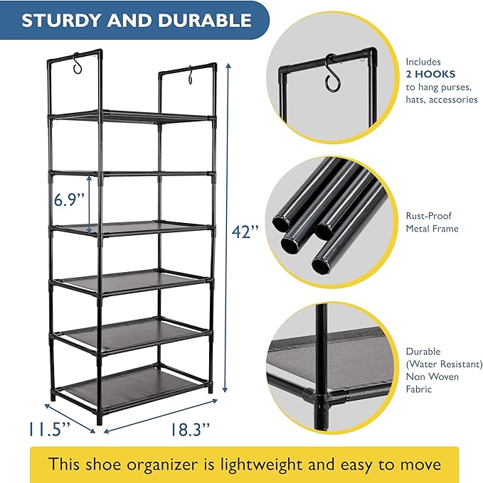 Sundaze Shoe Rack - 6 Tier Tall Shoe Rack for Closet, Sturdy Stackable Shoe Organizer for Closet, Bedroom, Entryway, Garage, Non Woven Fabric Shelf, Black, Holds 12-18 Pairs