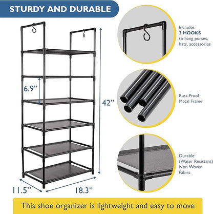 Sundaze Shoe Rack - 6 Tier Tall Shoe Rack for Closet, Sturdy Stackable Shoe Organizer for Closet, Bedroom, Entryway, Garage, Non Woven Fabric Shelf, Black, Holds 12-18 Pairs