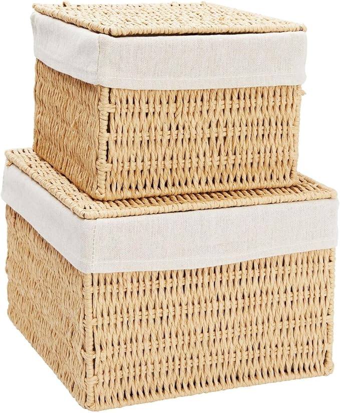 Juvale Wicker Storage Bins with Lids and Insert - Set of 2, 10 x 10 x 7 in & 8 x 8 x 6 in, Brown - Rectangular Lined Baskets with Lids & Insert for Organization