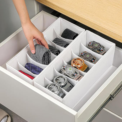 3 Packs Fabric Belt Organizer, 6 Grids Belt Organizer for Closet and Drawer, Foldable Dresser Drawer Organizers, Tie Holder -White