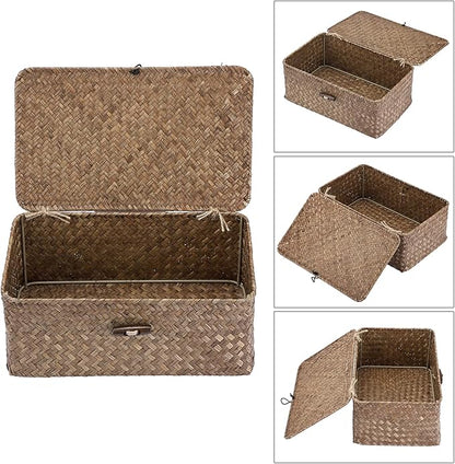 Hipiwe Wicker Shelf Baskets Bin with Lid, Handwoven Seagrass Basket Storage Bins Rectangular Household Basket Boxes for Shelf Wardrobe Home Organizer, Coffee Small