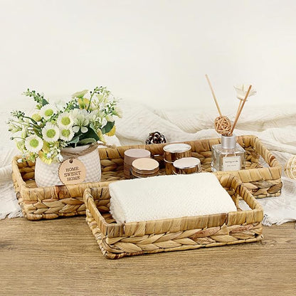 Bathroom Vanity Tray, Water Hyacinth Narrow Counter Tray with Handles, Decorative Woven Organizer Trays for Toilet Tank, Shelves, Farmhouse Hand Towels Basket Holder for Storage (Small)